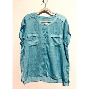 Chicos 3 Womens XL 16 Button Front Flap Pockets Short Sleeve Silky Textured